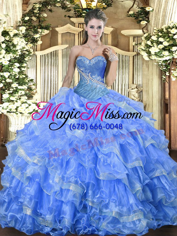 wholesale organza sweetheart sleeveless lace up beading and ruffled layers ball gown prom dress in baby blue