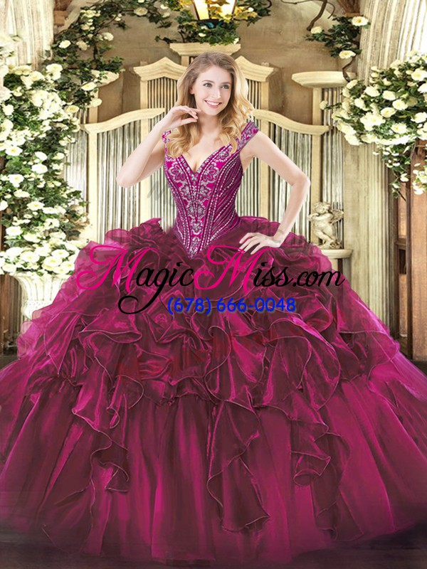 wholesale perfect fuchsia organza lace up v-neck sleeveless floor length sweet 16 dress beading and ruffles