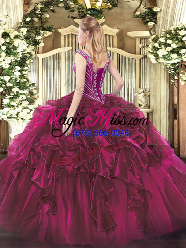 wholesale perfect fuchsia organza lace up v-neck sleeveless floor length sweet 16 dress beading and ruffles