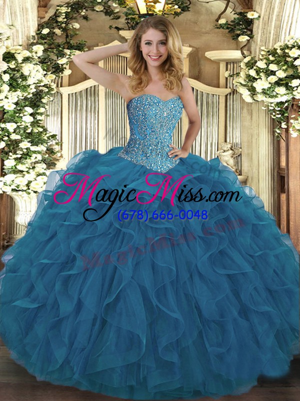 wholesale modern teal sweetheart lace up beading and ruffles sweet 16 quinceanera dress sleeveless