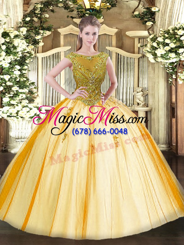 wholesale smart gold cap sleeves tulle lace up vestidos de quinceanera for sweet 16 and quinceanera