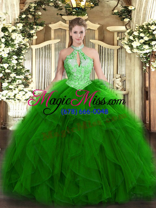 wholesale green organza lace up quinceanera dresses sleeveless floor length ruffles and sequins