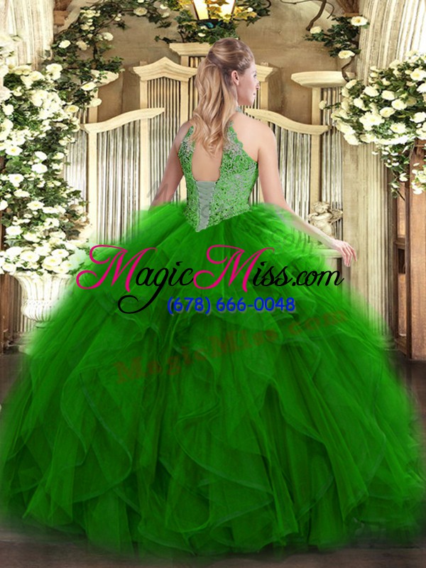 wholesale green organza lace up quinceanera dresses sleeveless floor length ruffles and sequins