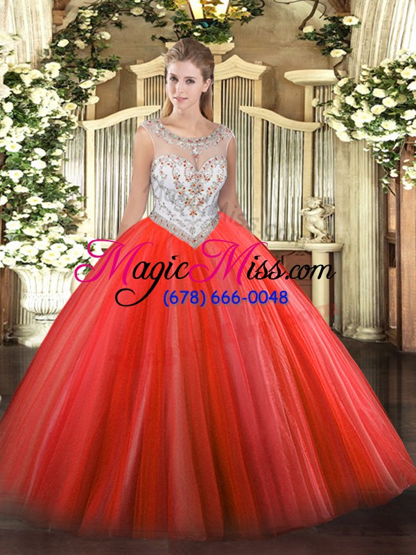 wholesale high end coral red scoop zipper beading sweet 16 quinceanera dress sleeveless