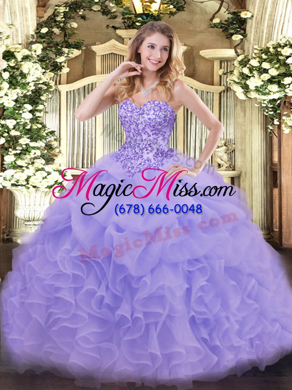 wholesale lavender organza lace up quinceanera gown sleeveless floor length appliques and ruffles