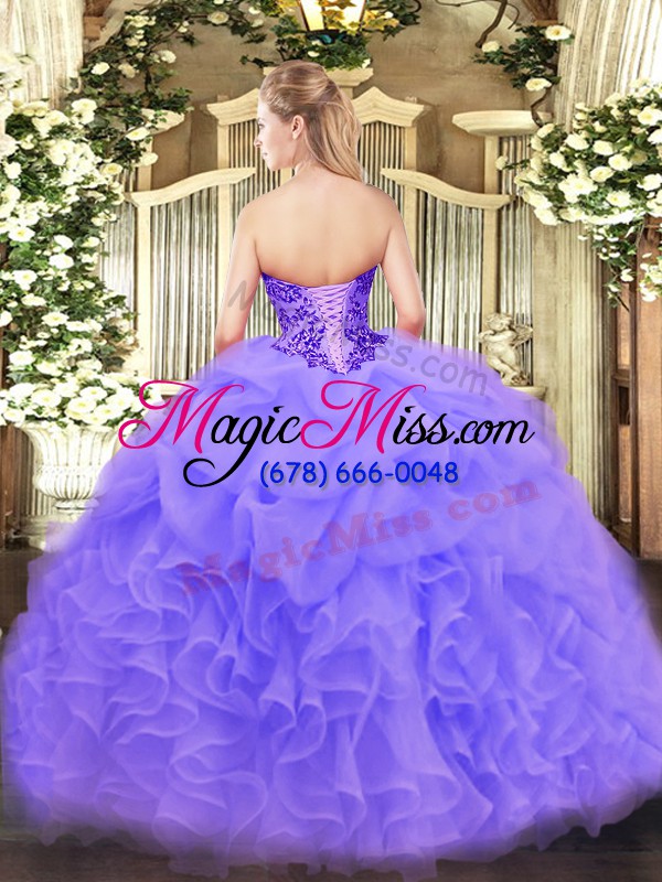 wholesale lavender organza lace up quinceanera gown sleeveless floor length appliques and ruffles