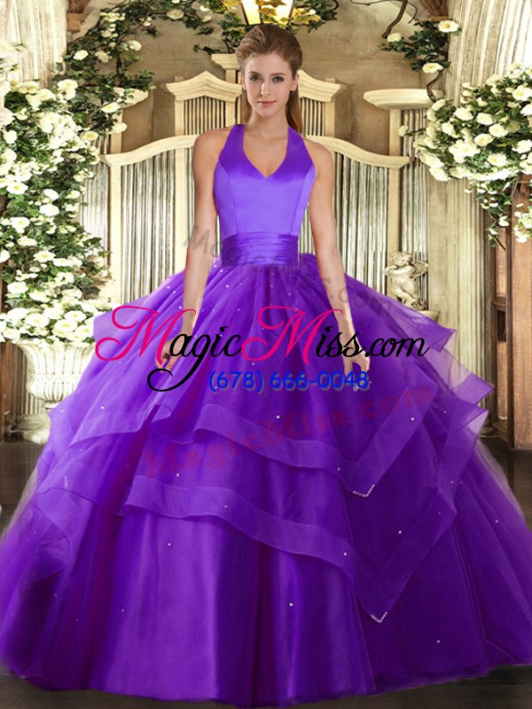 wholesale halter top sleeveless lace up quinceanera gown purple tulle