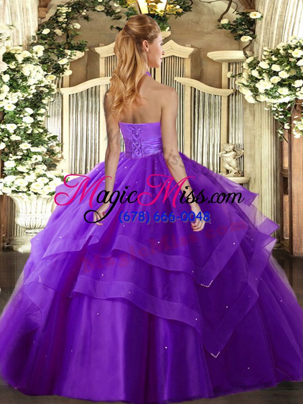 wholesale halter top sleeveless lace up quinceanera gown purple tulle