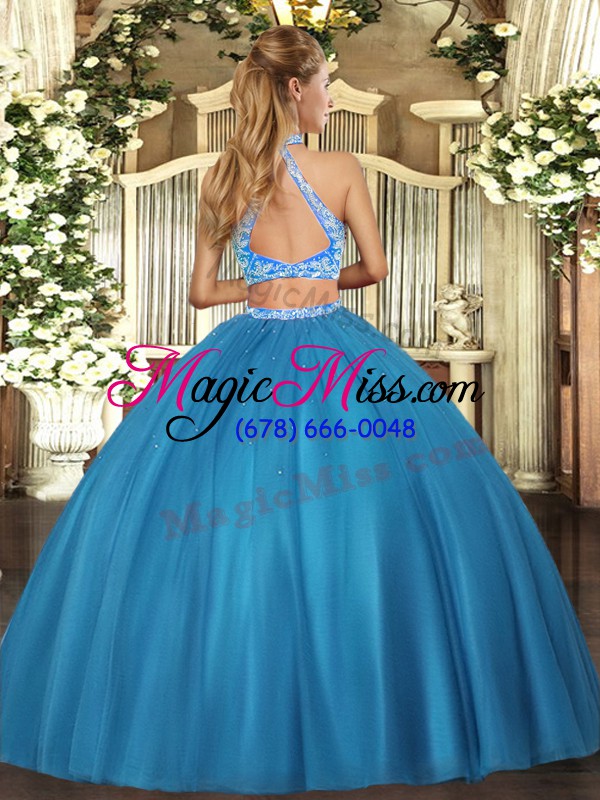 wholesale gorgeous turquoise criss cross halter top beading quinceanera dresses tulle sleeveless