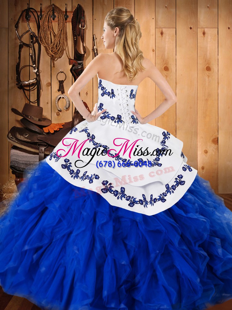 wholesale strapless sleeveless 15th birthday dress floor length embroidery and ruffles turquoise satin and organza