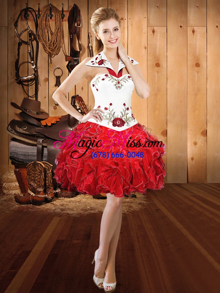 wholesale flare halter top sleeveless lace up sweet 16 quinceanera dress white and red satin and organza