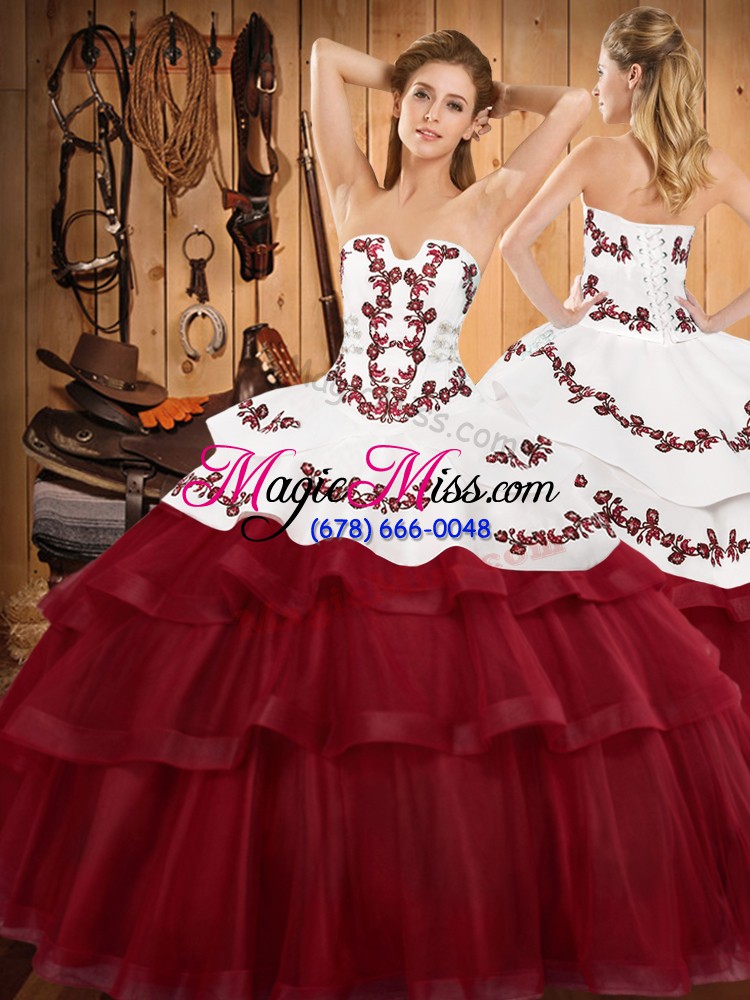 wholesale satin and organza sleeveless with train quinceanera dress and embroidery and ruffled layers