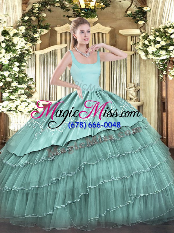 wholesale blue ball gowns organza straps sleeveless embroidery and ruffled layers floor length zipper quince ball gowns