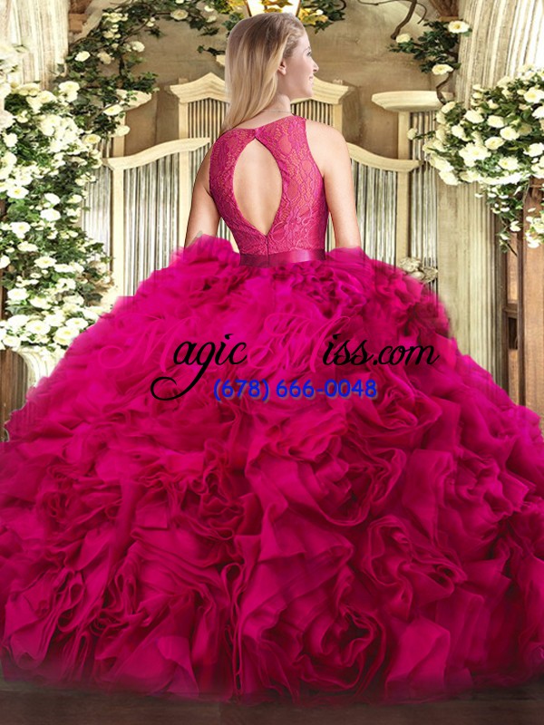 wholesale chic fabric with rolling flowers scoop sleeveless zipper lace quinceanera dress in fuchsia