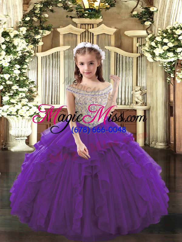 wholesale purple off the shoulder neckline beading and ruffles pageant gowns sleeveless lace up