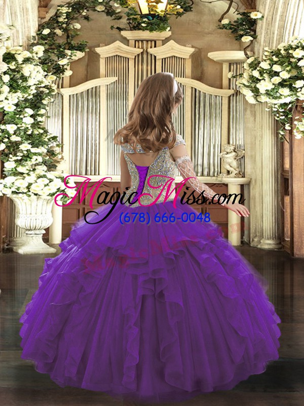 wholesale purple off the shoulder neckline beading and ruffles pageant gowns sleeveless lace up