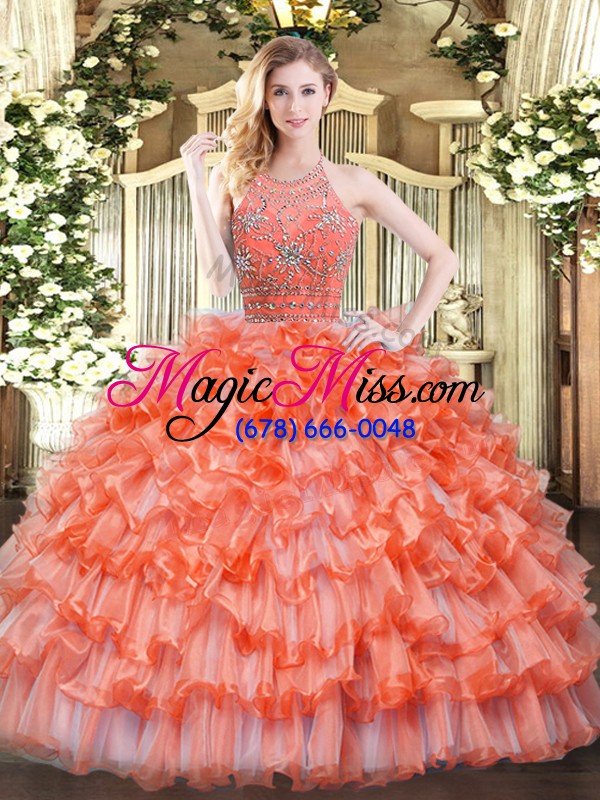 wholesale colorful floor length zipper 15 quinceanera dress orange for military ball and sweet 16 and quinceanera with beading and ruffled layers