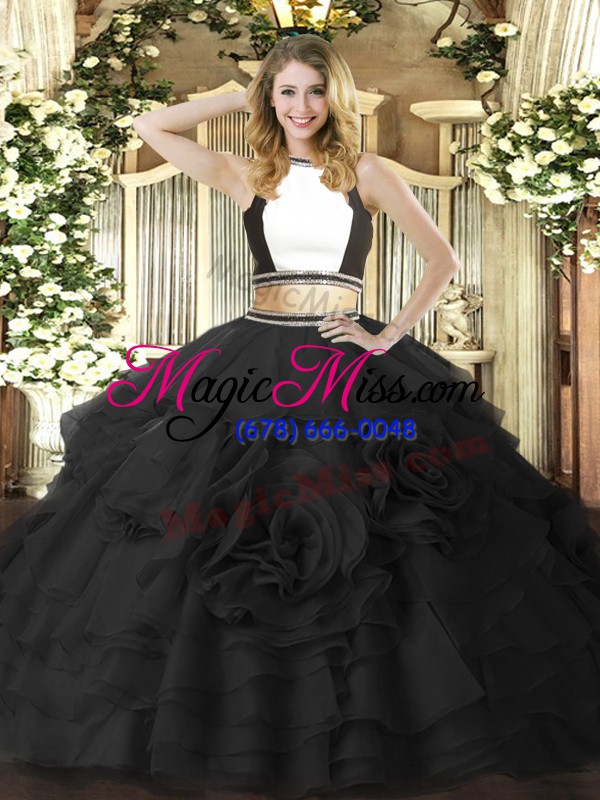 wholesale simple black zipper quinceanera gowns ruffled layers sleeveless floor length