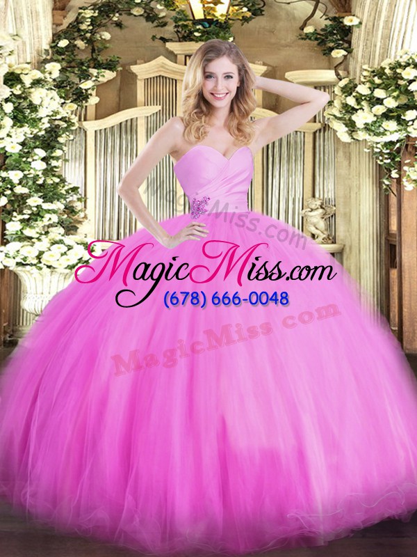 wholesale sleeveless tulle floor length lace up quinceanera gowns in fuchsia with beading