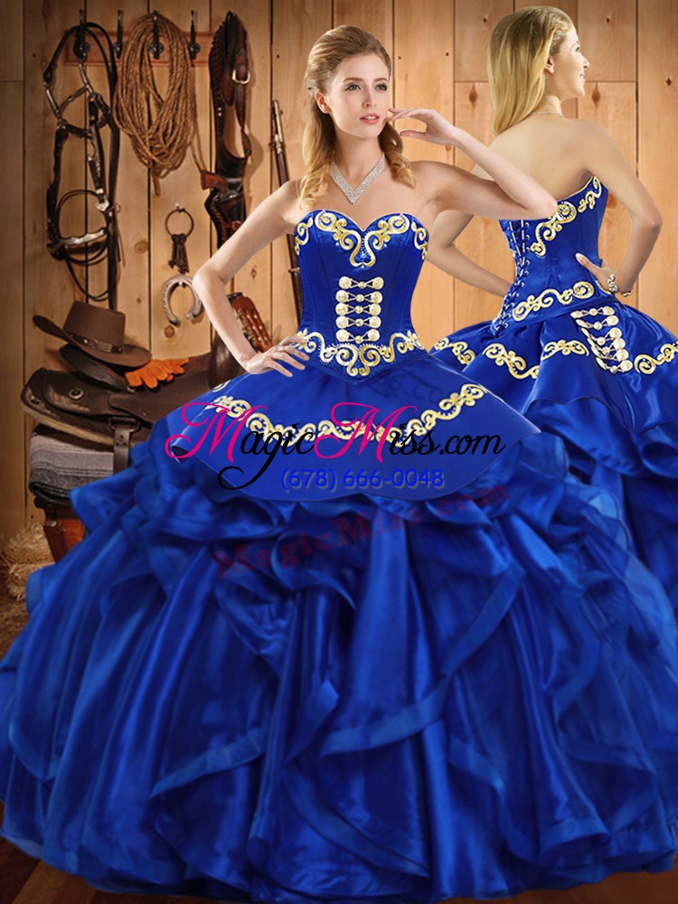 wholesale royal blue sleeveless organza lace up ball gown prom dress for military ball and sweet 16 and quinceanera