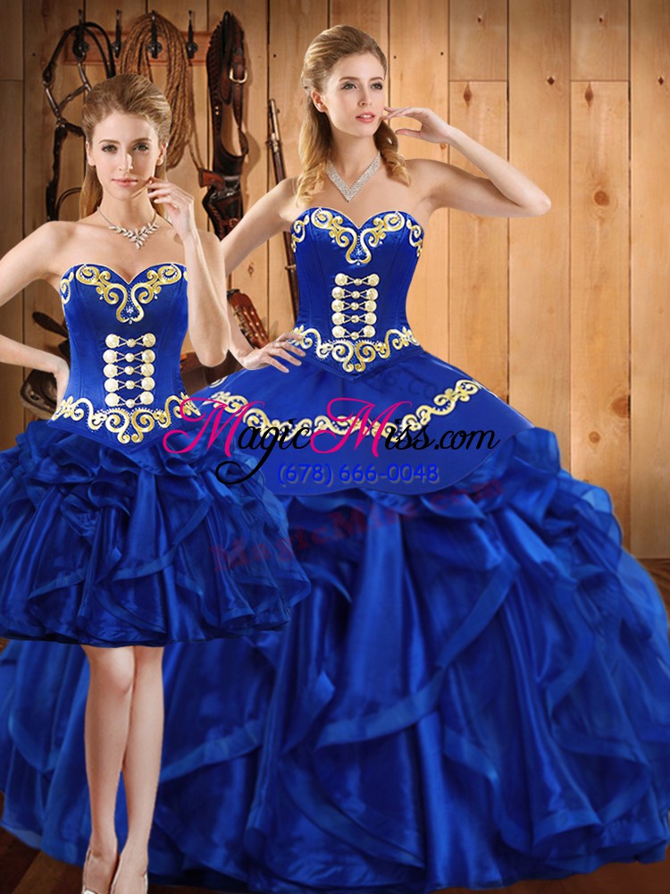 wholesale royal blue sleeveless organza lace up ball gown prom dress for military ball and sweet 16 and quinceanera