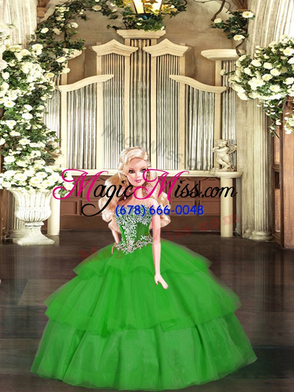 wholesale customized green sleeveless floor length beading and ruffled layers lace up 15th birthday dress