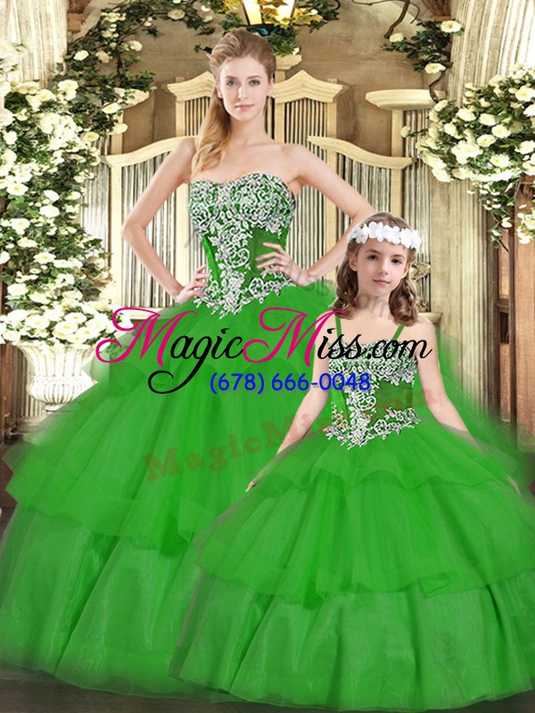 wholesale customized green sleeveless floor length beading and ruffled layers lace up 15th birthday dress