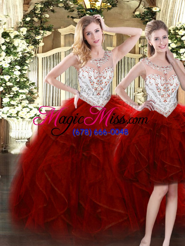 wholesale fashionable wine red zipper sweet 16 dress beading and ruffles sleeveless floor length