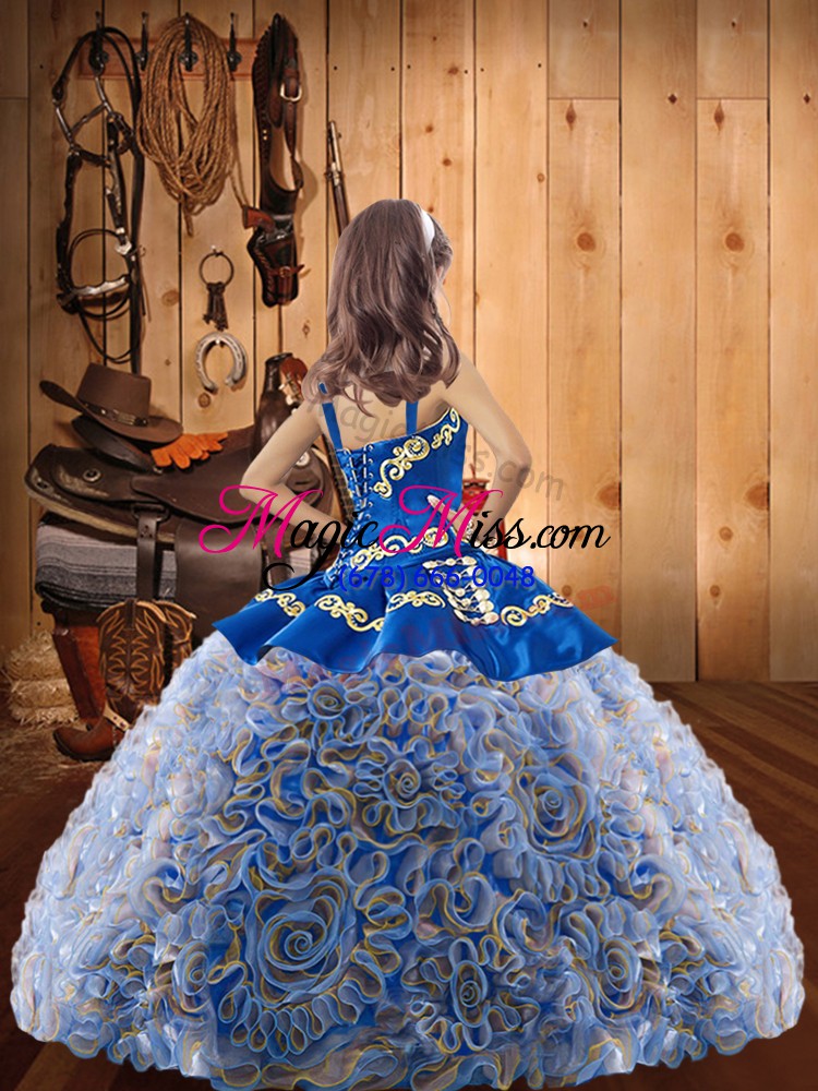 wholesale sleeveless fabric with rolling flowers floor length lace up pageant gowns for girls in multi-color with embroidery and ruffles