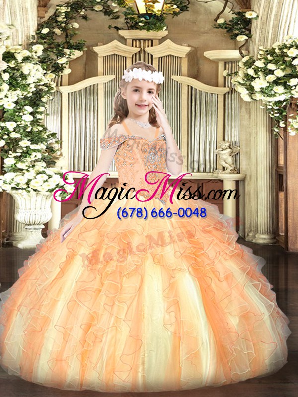 wholesale attractive floor length orange child pageant dress organza sleeveless beading and ruffles