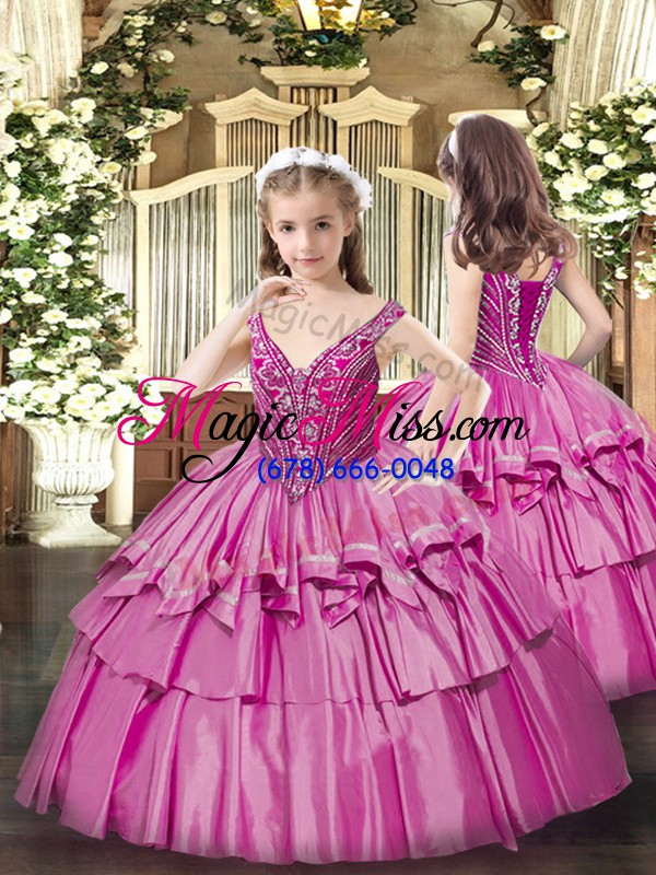 wholesale fuchsia organza lace up 15th birthday dress sleeveless floor length beading and ruffled layers