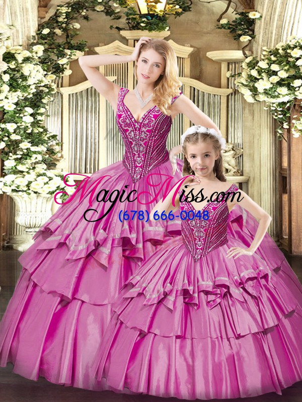 wholesale fuchsia organza lace up 15th birthday dress sleeveless floor length beading and ruffled layers