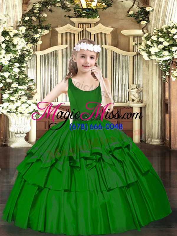 wholesale organza scoop sleeveless zipper beading winning pageant gowns in dark green