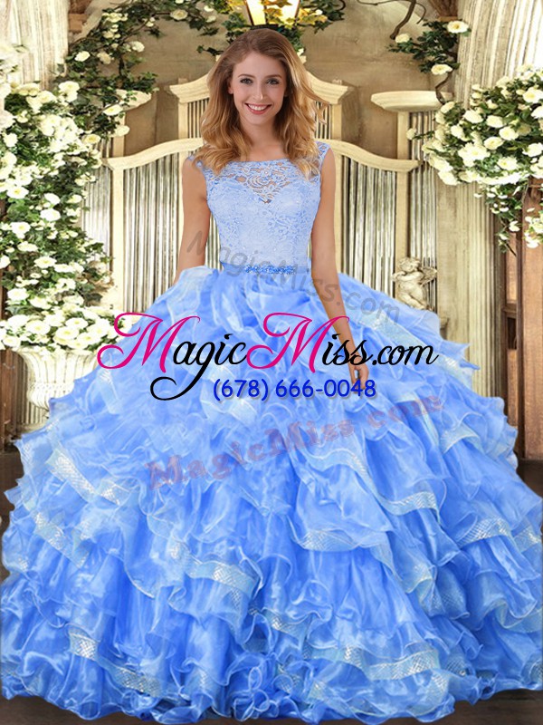 wholesale light blue organza clasp handle sweet 16 dresses sleeveless floor length lace and ruffled layers