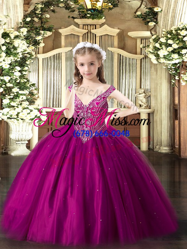 wholesale fuchsia sleeveless floor length beading lace up pageant dress toddler