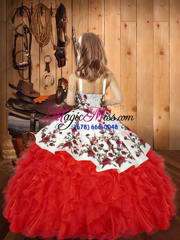 wholesale blue straps lace up embroidery and ruffles pageant dresses sleeveless