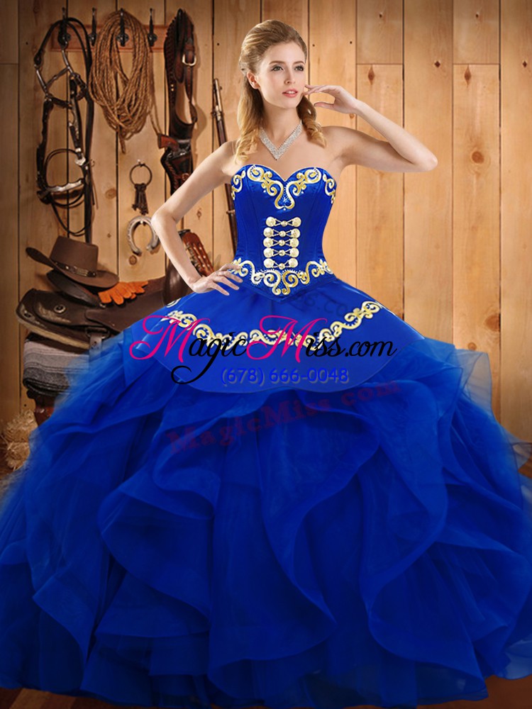 wholesale floor length lace up quince ball gowns blue for military ball and sweet 16 and quinceanera with embroidery and ruffles