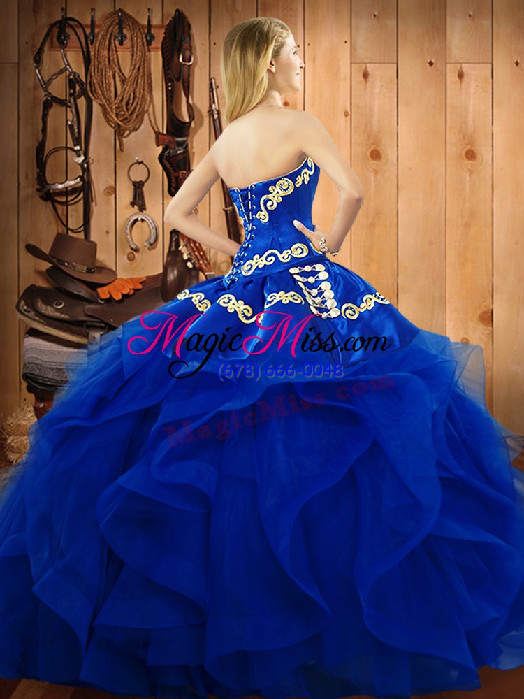 wholesale floor length lace up quince ball gowns blue for military ball and sweet 16 and quinceanera with embroidery and ruffles