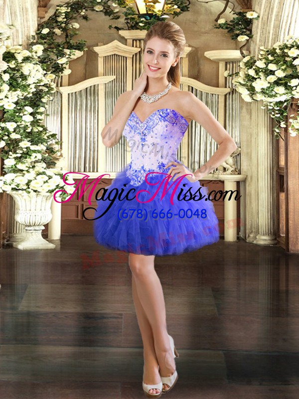 wholesale beautiful blue tulle lace up sweetheart sleeveless floor length 15th birthday dress beading and ruffles