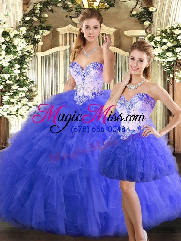 wholesale beautiful blue tulle lace up sweetheart sleeveless floor length 15th birthday dress beading and ruffles