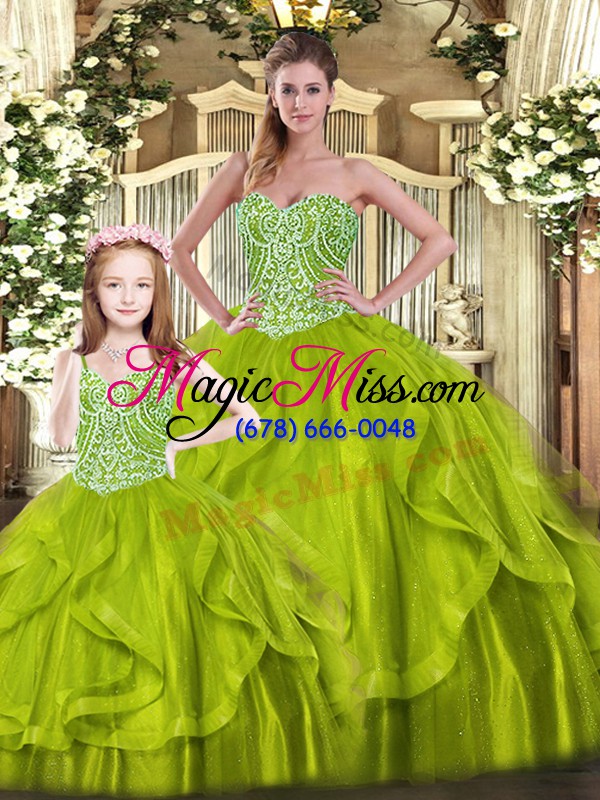 wholesale decent organza sweetheart sleeveless lace up beading and ruffles 15th birthday dress in olive green