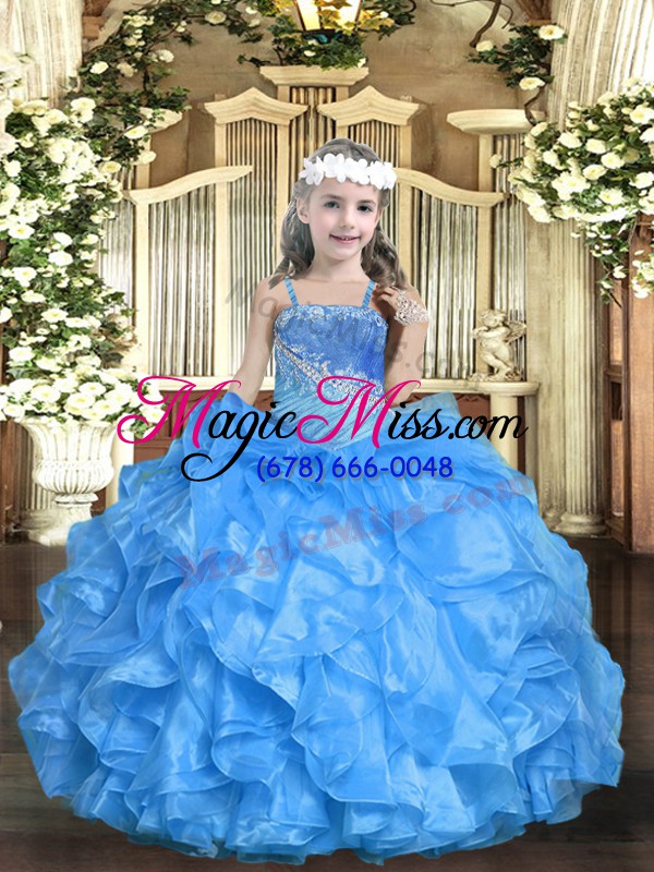 wholesale exquisite ball gowns little girl pageant dress baby blue straps organza sleeveless floor length lace up