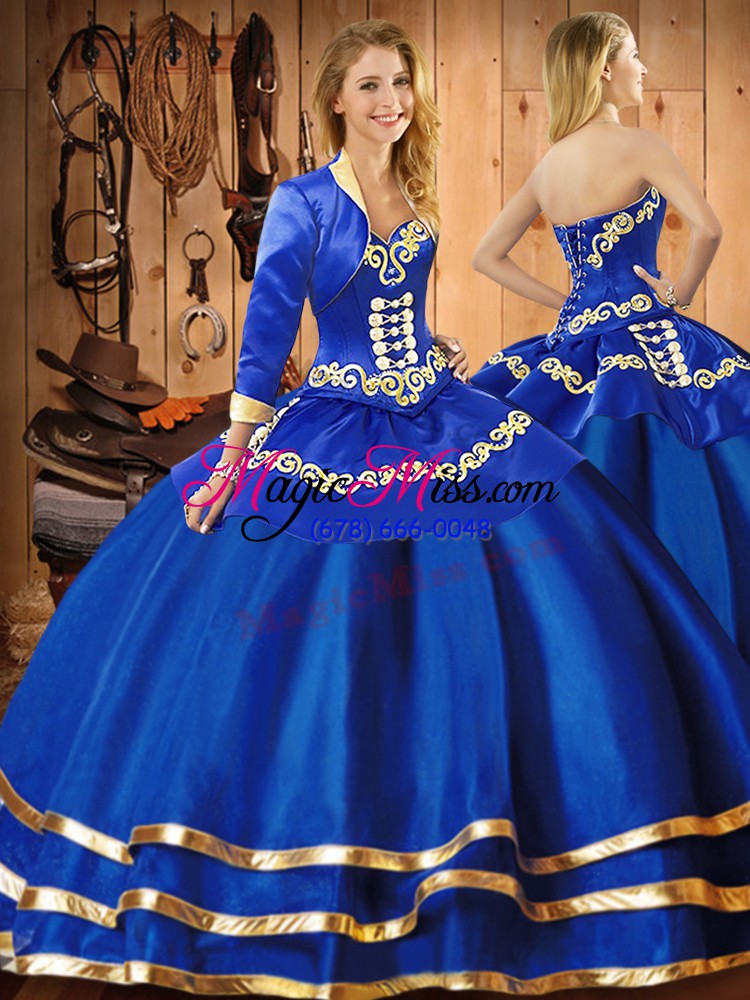 wholesale floor length lace up sweet 16 quinceanera dress blue for military ball and sweet 16 and quinceanera with embroidery