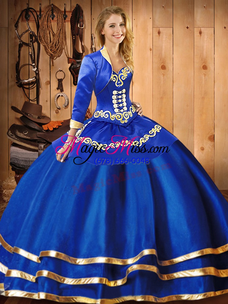 wholesale floor length lace up sweet 16 quinceanera dress blue for military ball and sweet 16 and quinceanera with embroidery