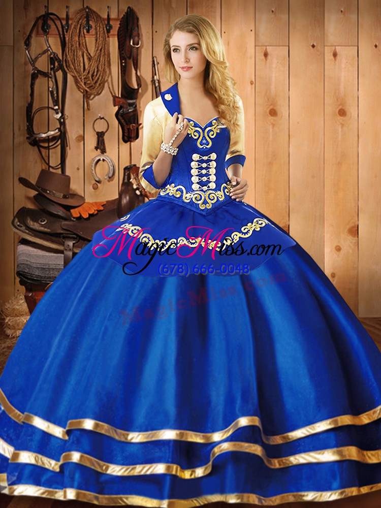 wholesale floor length lace up sweet 16 quinceanera dress blue for military ball and sweet 16 and quinceanera with embroidery