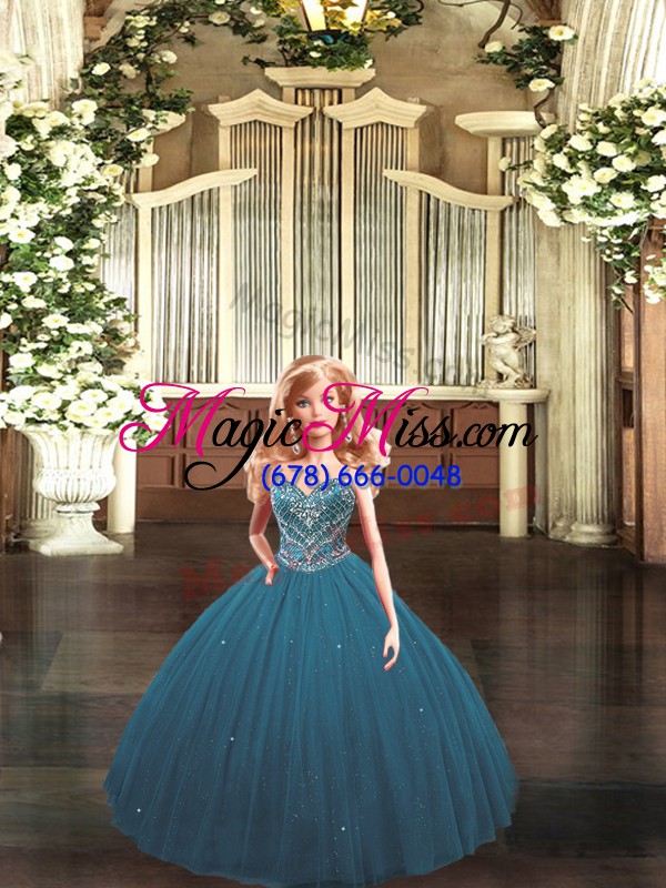 wholesale inexpensive teal ball gowns beading quinceanera dress lace up tulle sleeveless floor length