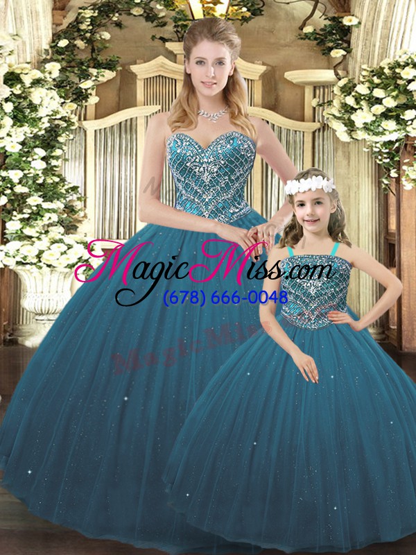 wholesale inexpensive teal ball gowns beading quinceanera dress lace up tulle sleeveless floor length