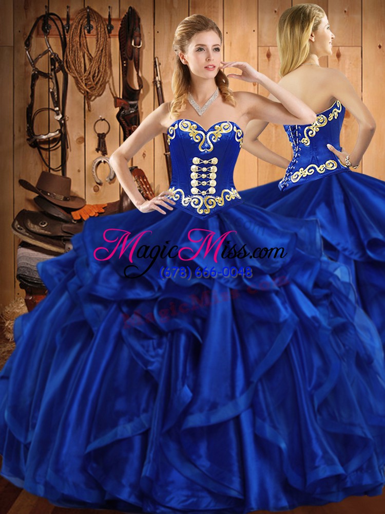 wholesale royal blue sleeveless embroidery and ruffles floor length 15 quinceanera dress