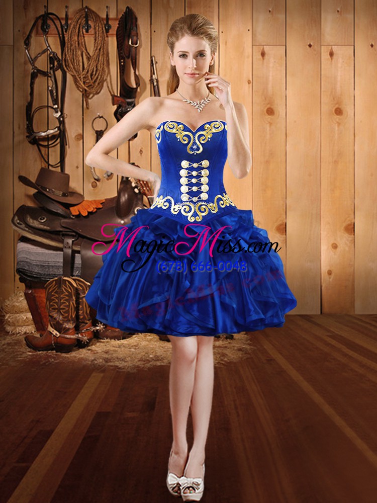 wholesale royal blue sleeveless embroidery and ruffles floor length 15 quinceanera dress