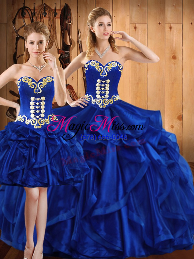 wholesale royal blue sleeveless embroidery and ruffles floor length 15 quinceanera dress